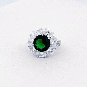 925 Rhodium Plated Green CZ & White Crystal Statement Cocktail Ring Size 5
